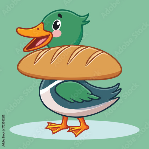 Playful cartoon mallard duck holding a big, rustic loaf of bread, ready to share its freshly baked treat	