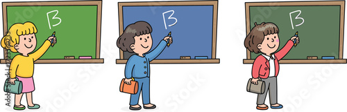 Cartoon school girls writing on chalkboard, happy students in classroom holding chalk, learning education concept, children studying and drawing letters on board illustration