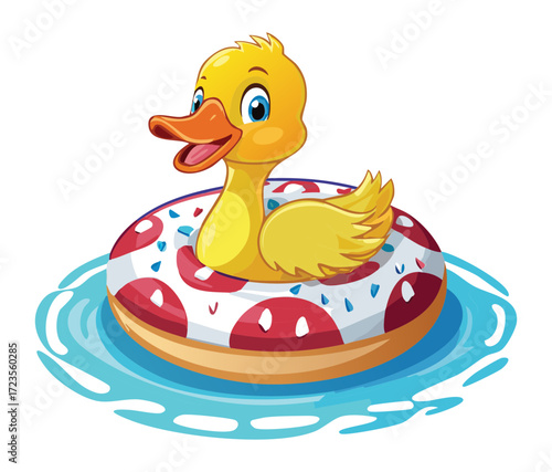 Smiling cartoon baby duck enjoying a sunny day, relaxing on a bright pink and white striped pool float inner tube	