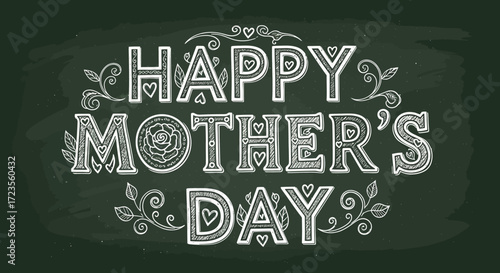 Ornate white chalk lettering for 'Happy Mother's Day' on a dark green blackboard background.