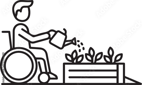 Gardening Icon – Person in Wheelchair Watering Plants in Raised Bed Vector