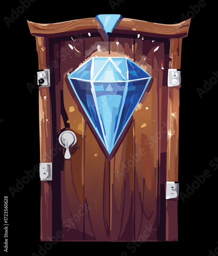 Dark wooden door with a large blue diamond, a symbol of a valuable secret or a treasure