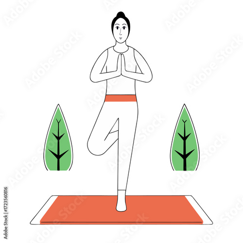  Flat illustration of beginner yoga tree pose with decorative elements illustration