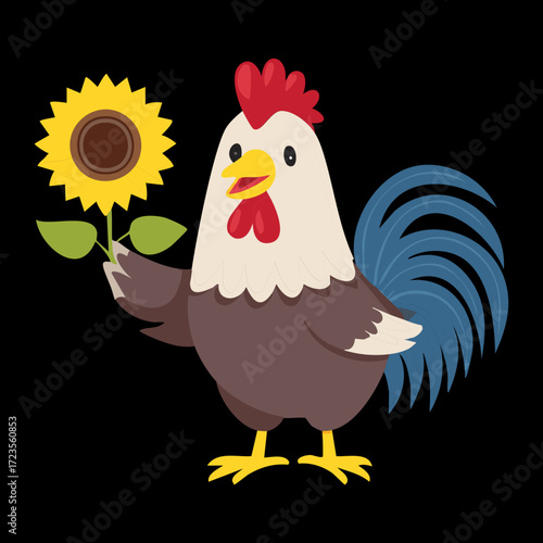 Friendly cartoon rooster holding a large, bright sunflower, celebrating the harvest and sunny days of summer	