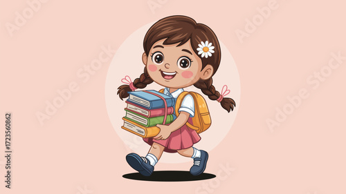 Cartoon schoolgirl holding books with backpack, cheerful education character illustration, playful learning theme, colorful student design, happy classroom concept, academic vibe