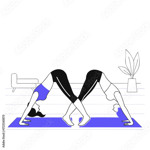  Two partners practicing double downward dog yoga pose indoors illustration