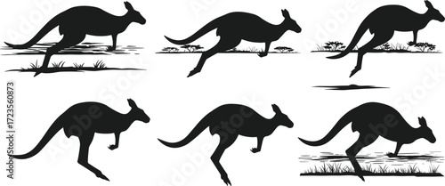 Kangaroo silhouette illustration, animal motion vector, hopping pose, wildlife icon, Australian species, black figure, dynamic movement, nature concept, editable design