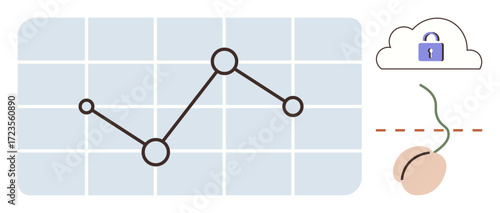 Line graph on grid background, cloud with locked padlock, computer mouse with wire. Ideal for analytics, cybersecurity, digital communication, technology trends, data protection, online usage simple
