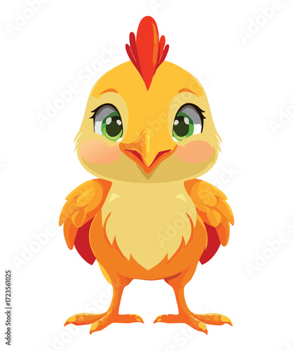 Sweet, small cartoon chick standing upright, featuring soft yellow and orange feathers and a welcoming, cheerful demeanor	