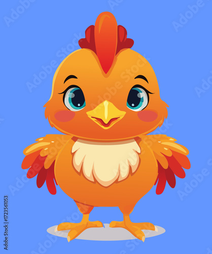 Adorable cartoon baby chicken with large, expressive eyes and a fluffy yellow body, full of youthful joy and energy	