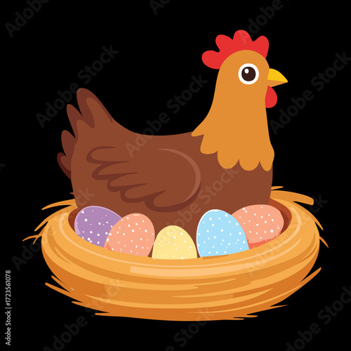 Classic cartoon mother hen sitting comfortably on a nest of straw, protecting her colorful, speckled Easter eggs	