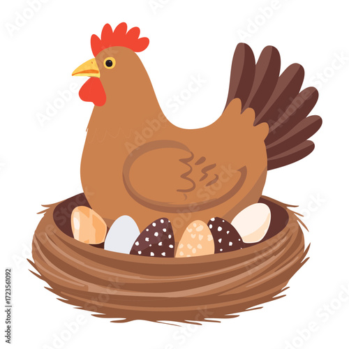 Simple, rustic cartoon mother hen sitting on a woven straw nest with a clutch of freshly laid brown eggs	