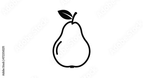Simple outline of a pear with a single leaf black and white silhouette