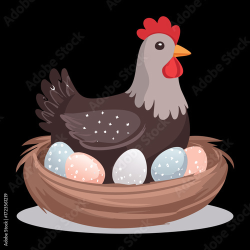 Relaxed cartoon hen sitting comfortably on a nest of straw, protecting her clutch of speckled, brown and white eggs	