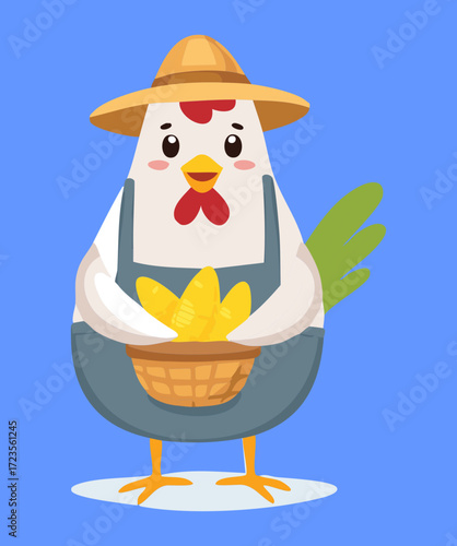 Hardworking cartoon farmer chicken in a straw hat, holding a basket of freshly gathered eggs and farm produce	