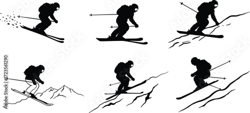 Skier silhouette illustration, downhill skiing vector, winter sport action, mountain slope, snow spray, backpack gear, dynamic motion, outdoor adventure