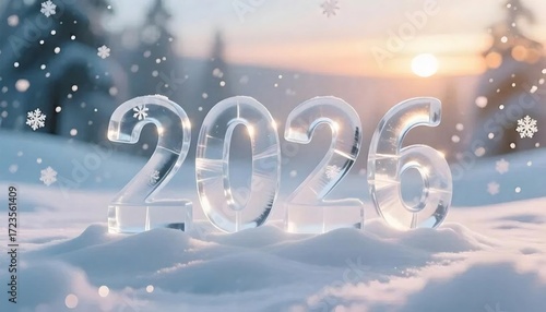 雪の中の透明な2026年の数字と冬の風景