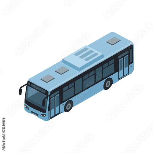 Isometric illustration of a light blue city bus, showing windows and doors.