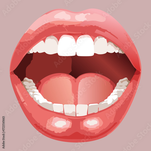 Close-up 3D view of a wide-open human mouth, showcasing the lower jaw, tongue, and throat for medical examination	
