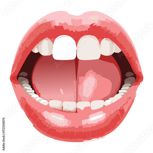 Detailed 3D illustration of an open mouth showing perfect, healthy white teeth, gums, and tongue ready for a dental checkup	