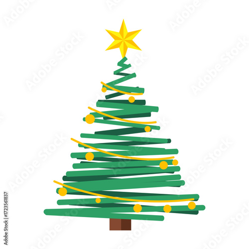Festive green Christmas tree with yellow star and ornaments, celebrating winter holidays and seasonal joy