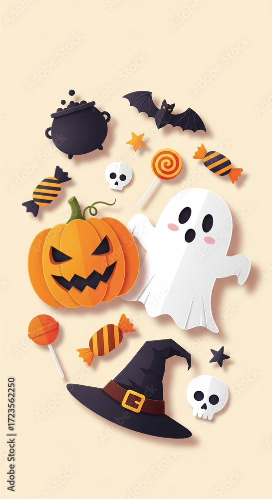 Fototapeta premium Halloween papercraft elements: pumpkin, ghost, bat, witch hat, candies, skulls, cauldronÂ&nbsp;Representing festive spooky theme, ideal for invitation, card, or banner design