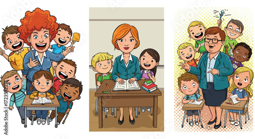 Cartoon teachers and students in classroom setting, cheerful education illustration, playful learning scene, colorful character design, fun school concept, academic vibe