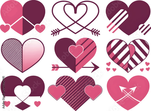 Romantic Heart Illustration Grid with Love Symbols for Valentine and Wedding Design