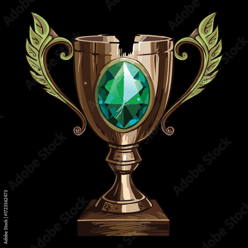 Stunning golden trophy with a green emerald, a majestic symbol of victory and excellence
