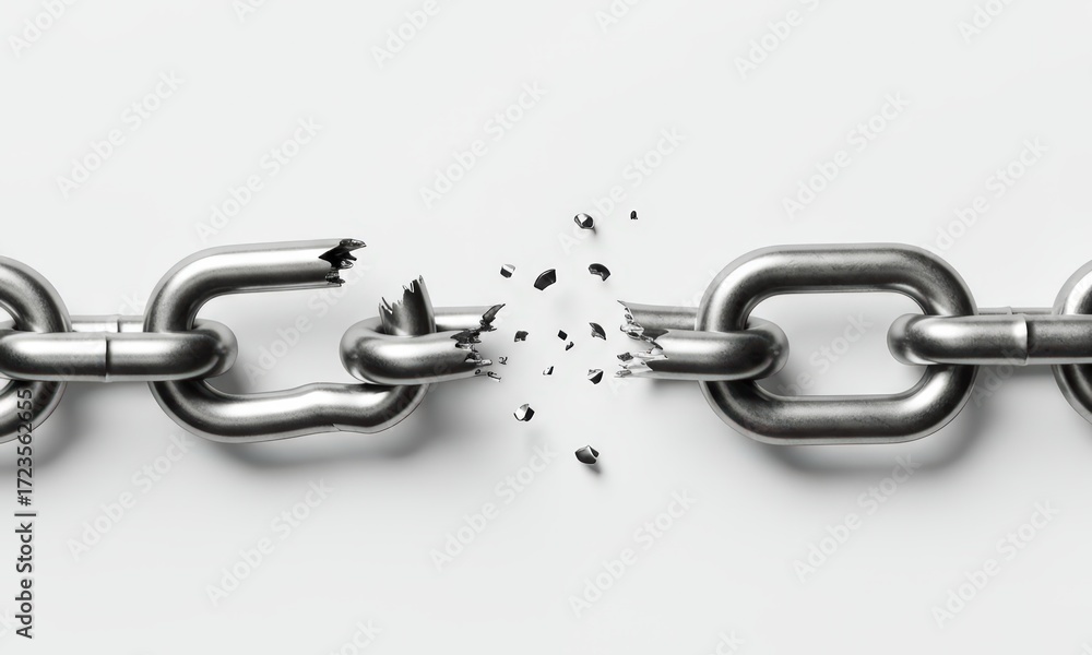 Obraz premium A metal chain with one link dramatically shattering into pieces against a clean white background, symbolizing freedom, weakness, or disruption.