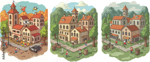 Cartoon town square cleanup progression, community improvement illustration, playful urban scene, cleanliness and order concept, civic responsibility design, environmental awareness theme