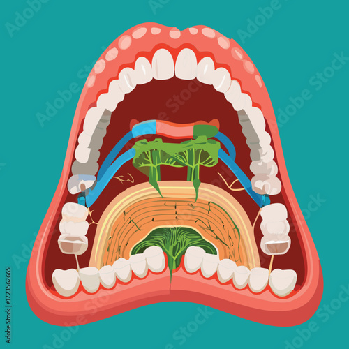 A detailed cross-section illustration of the open human mouth, revealing the complex internal structures of the oral cavity and pharynx against a teal background	