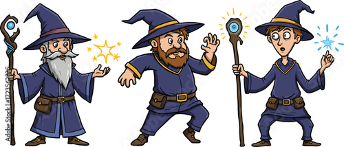 Cartoon wizards casting spells, fantasy character illustration, magical staff pose, enchanted blue robes, mystical theme, wizard trio, spell effect, magic concept art
