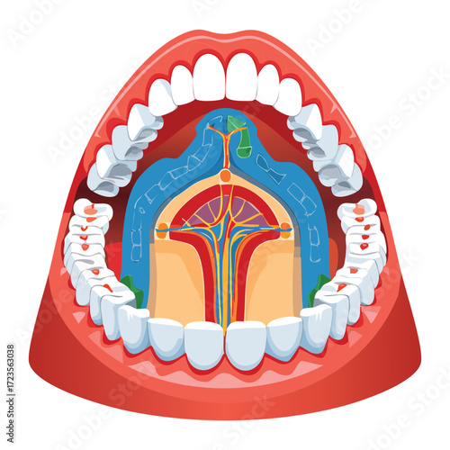 A vibrant anatomical cutaway of the oral cavity, illustrating the relationship between the tongue, glands, and muscle groups supporting the floor of the mouth and pharynx	