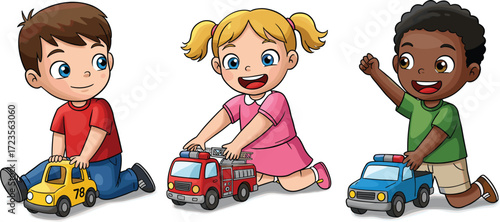 Children playing with toy cars, colorful kids activity, joyful childhood moment, preschool playtime, vehicle toys, happy children, fun learning, social interaction