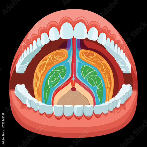 A complex anatomical diagram of the oral cavity, viewed from the palatal aspect, detailing the nerves, vessels, and muscle layers supporting the hard and soft palate	