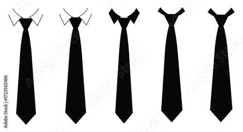 Various black neckties displayed in differing shapes a striking silhouette