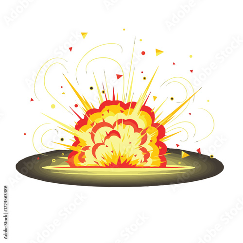 A vibrant and dynamic illustration of a fiery explosion with radiating energy and debris.