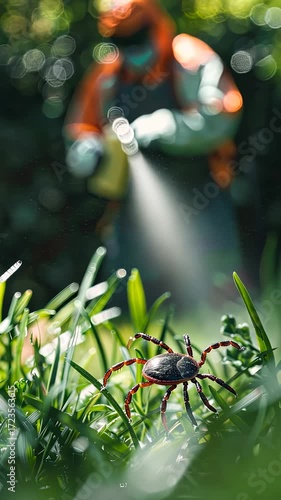 A man in a protective suit sprays the grass against ticks. Selective focus. nature.