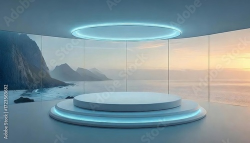 海を背景に青い光を放つ円形プラットフォーム