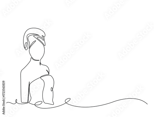 Continuous line art drawing of pretty girl with bare shoulders and towel on head. Girl with towel on head in single line art drawing vector illustration. Editable stroke.