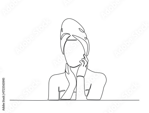 Continuous line art drawing of pretty girl with bare shoulders and towel on head. Girl with towel on head in single line art drawing vector illustration. Editable stroke.
