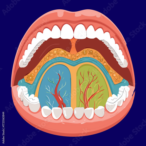 A striking anatomical illustration of the open mouth from the palatal perspective, highlighting the tongue, tonsils, and the posterior oral cavity against a dark blue background	