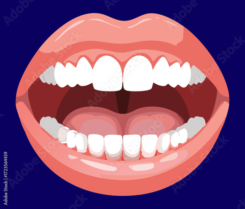 Close-up illustration of a wide smile with perfectly aligned white teeth and healthy gums against a dark navy background, ideal for dental advertising	