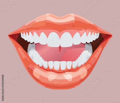 Close-up of a smiling mouth with full, pink lips and perfectly aligned white teeth, showcasing excellent dental health and cosmetic beauty	