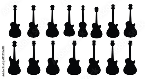 Collection of electric guitars in a striking black silhouette