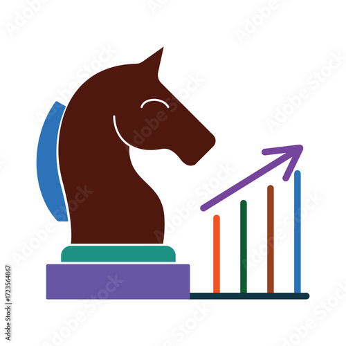 Business strategy icon with a chess knight and a growth chart. A colorful symbol for successful planning and financial performance.