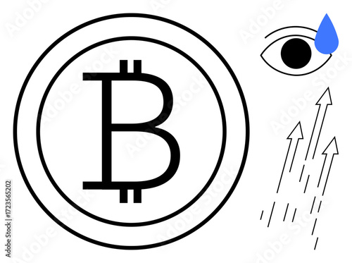 Bitcoin logo in center, upward arrows representing growth, crying eye signifying loss or volatility. Ideal for finance, cryptocurrency, economics, investment, risk, digital currency simple flat
