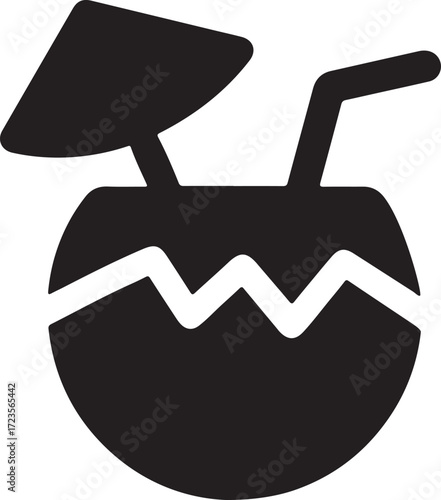 Refreshing Coconut Drink Icon with Straw and Umbrella Summer Beverage Tropical Cocktail Vacation Illustration