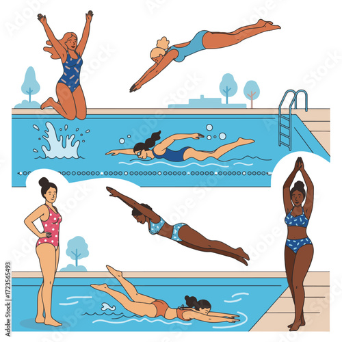 Illustration of diverse women in swimsuits enjoying a swimming pool, diving, swimming, posing, and relaxing.